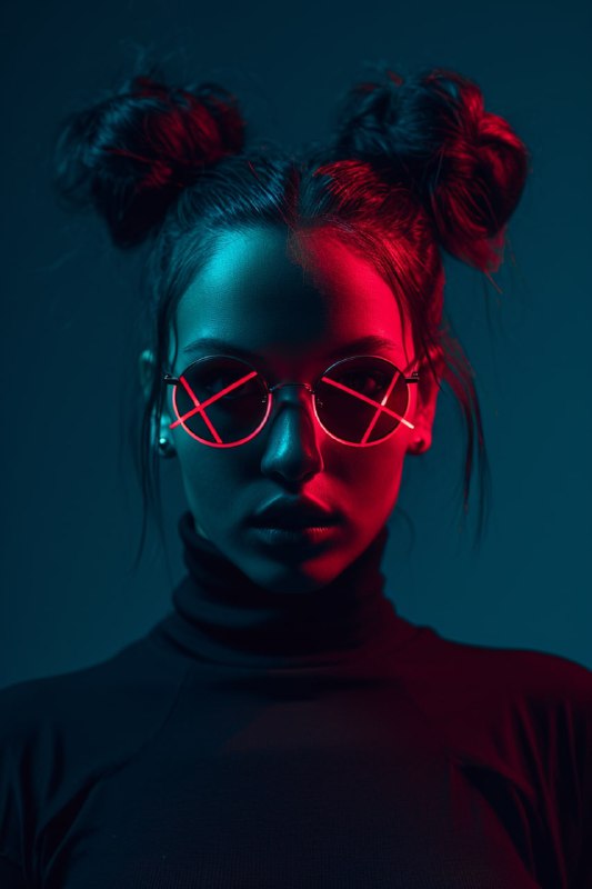 Dark Minimalist Portrait of Woman With Neon X-Shaped Eyes