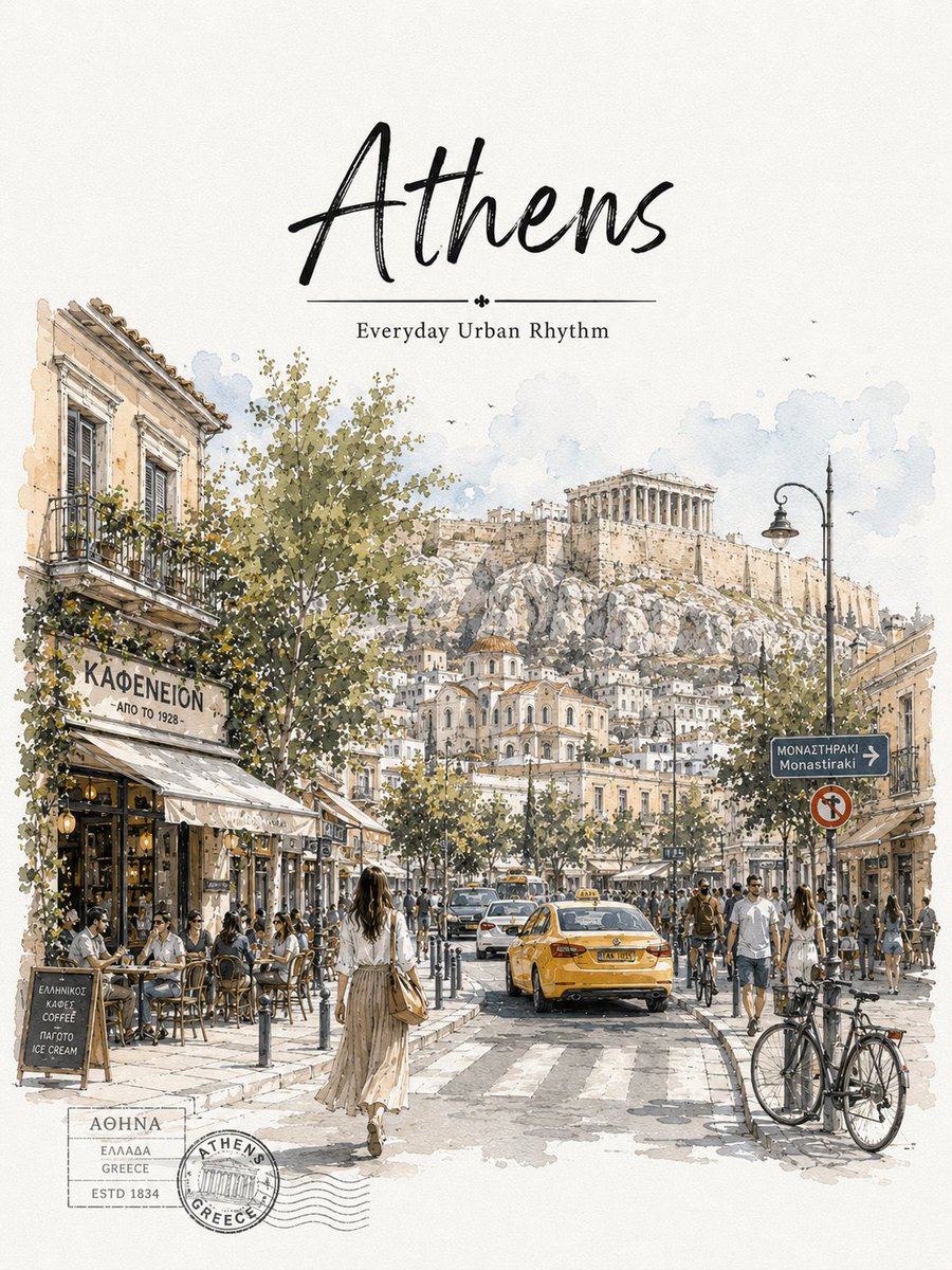 Athens Watercolor Travel Poster