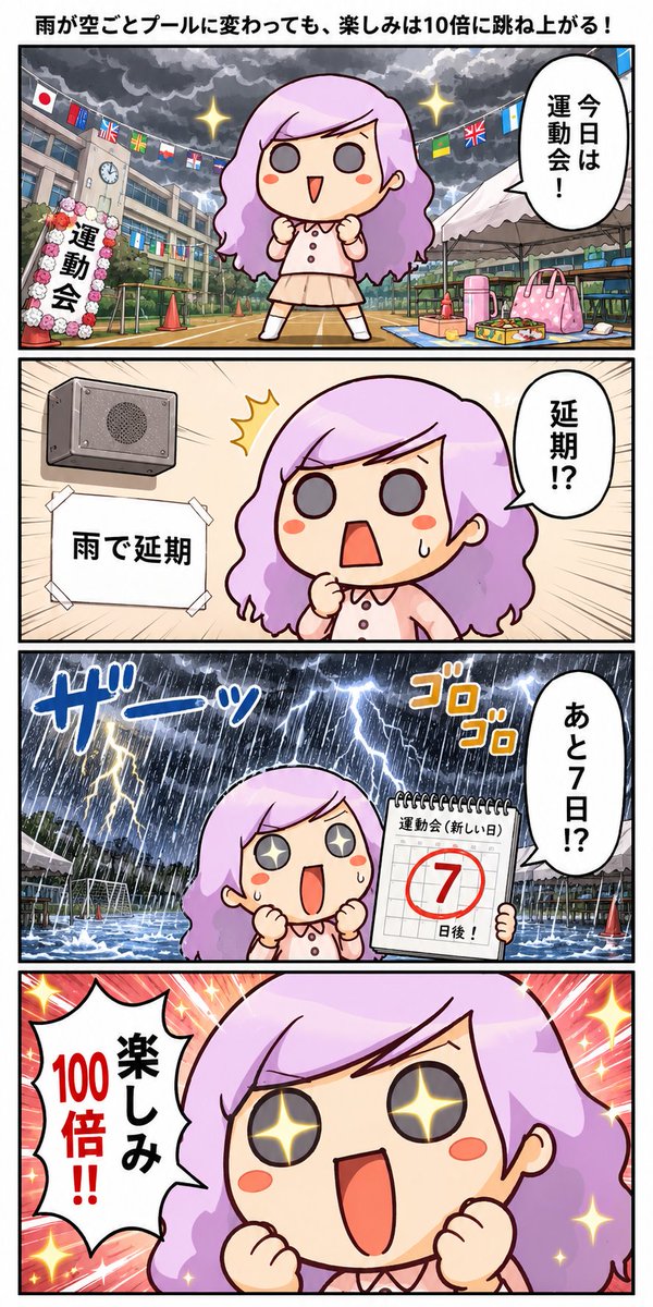 Excited Chibi Girl Rainy Sports Day
