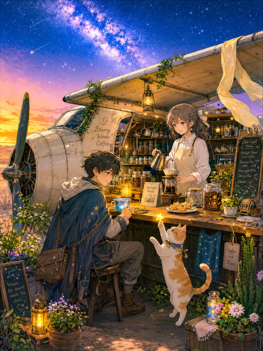 Traveling Boy Meets Starry Café Cat
