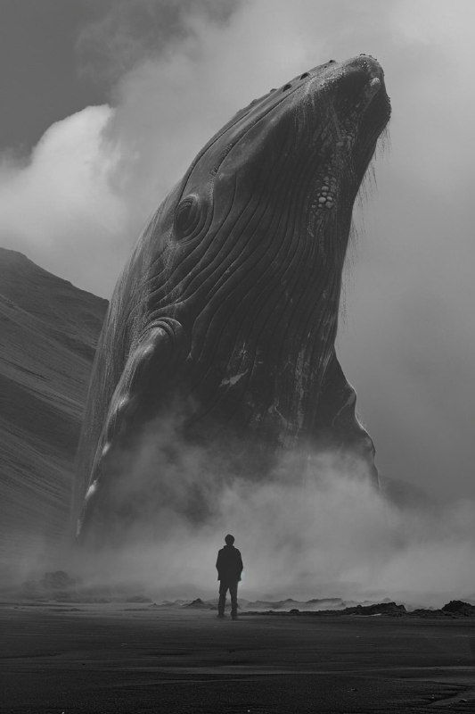 Noir Black and White Giant Whale Swimming Over the Desert