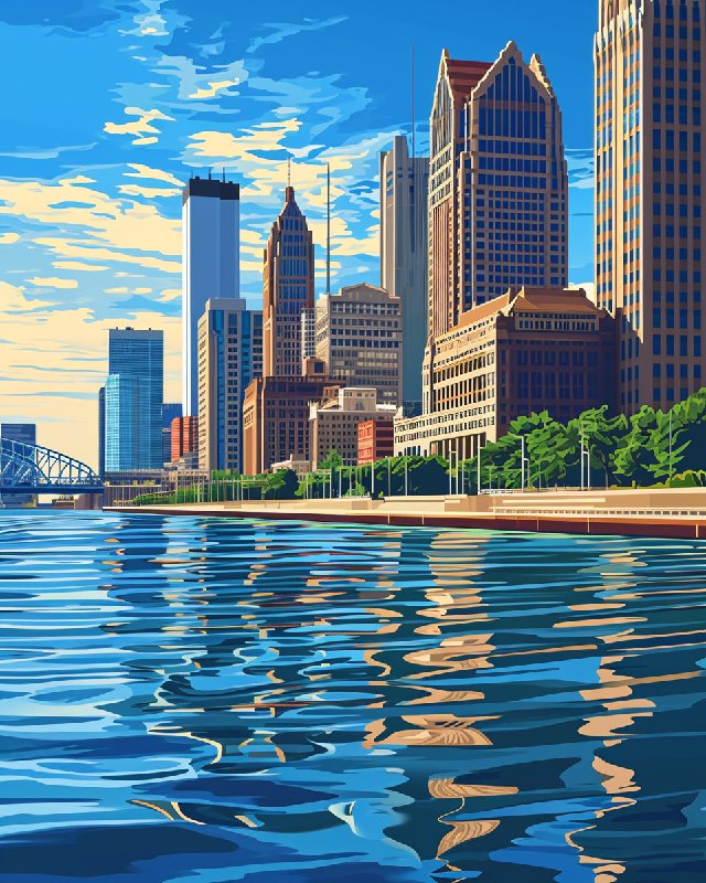 Retro Flat Vector Detroit Skyline From the River