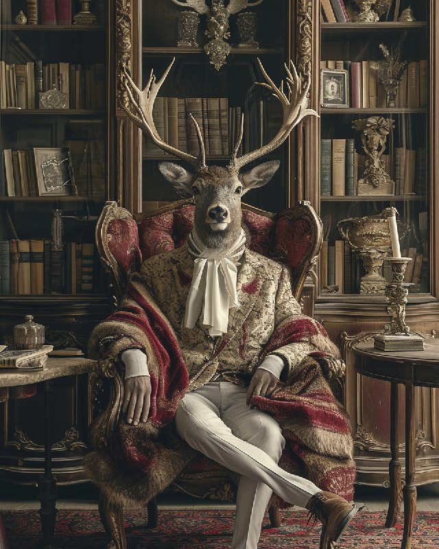 Anthropomorphic Deer Lounging in Renaissance Cabinet Room