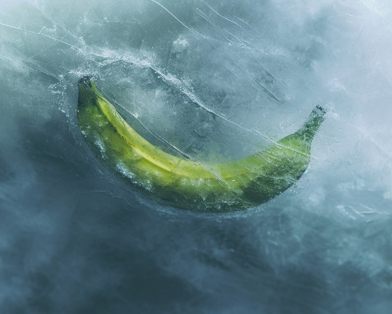 Green Banana Frozen Beneath the Surface of an Icy Lake