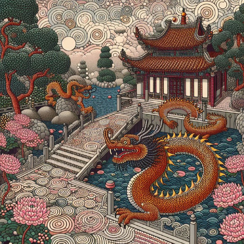 Pointillism Oriental Courtyard With Chinese Dragon Motifs