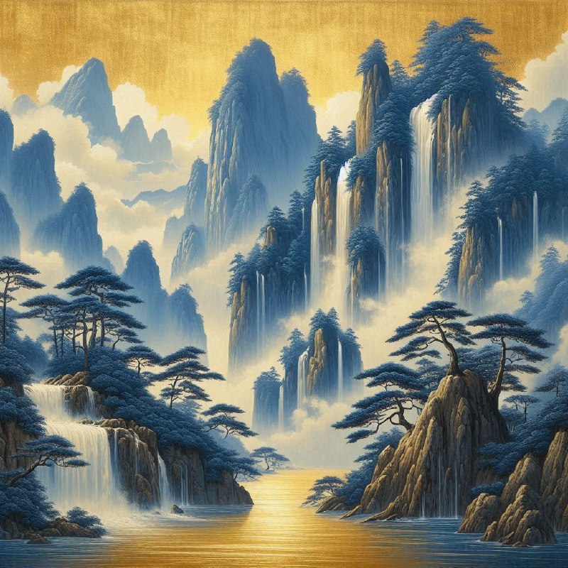 Golden Chinese Landscape Painting With Blue Mountains