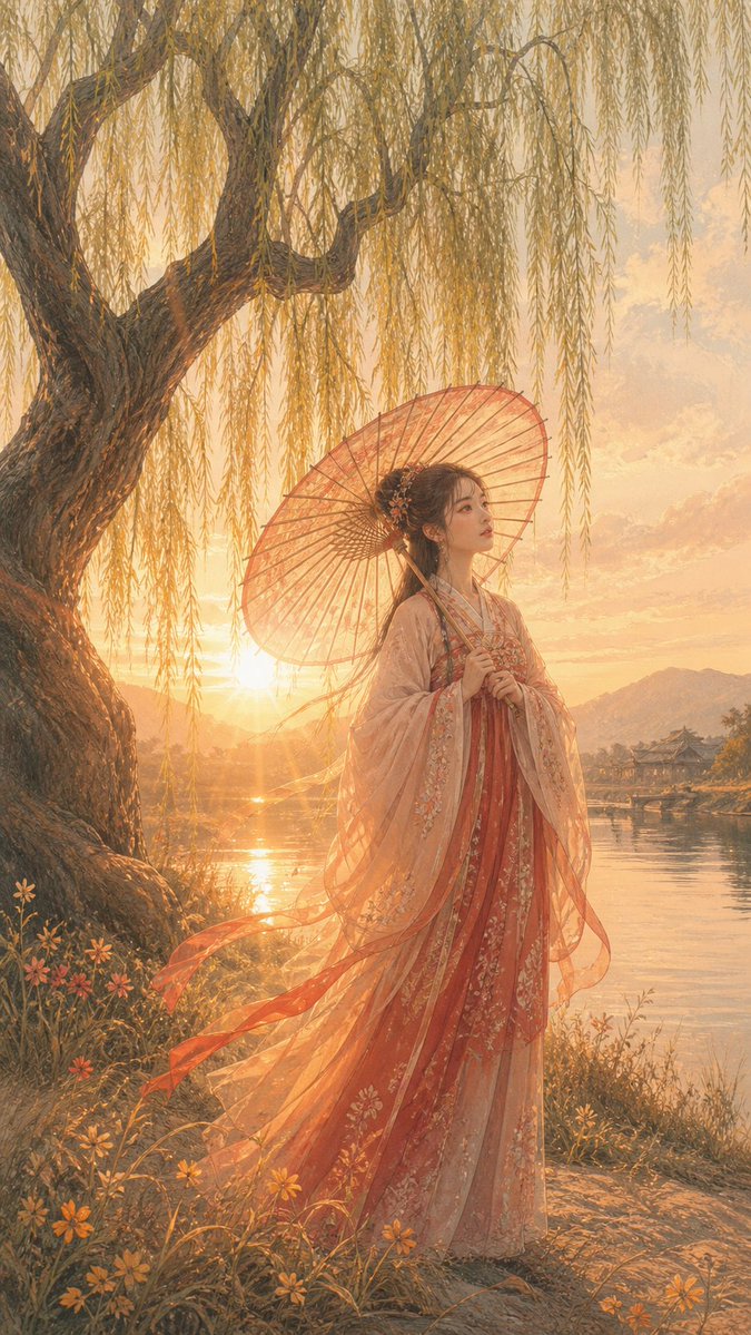 Sunset Hanfu Lady by Lake