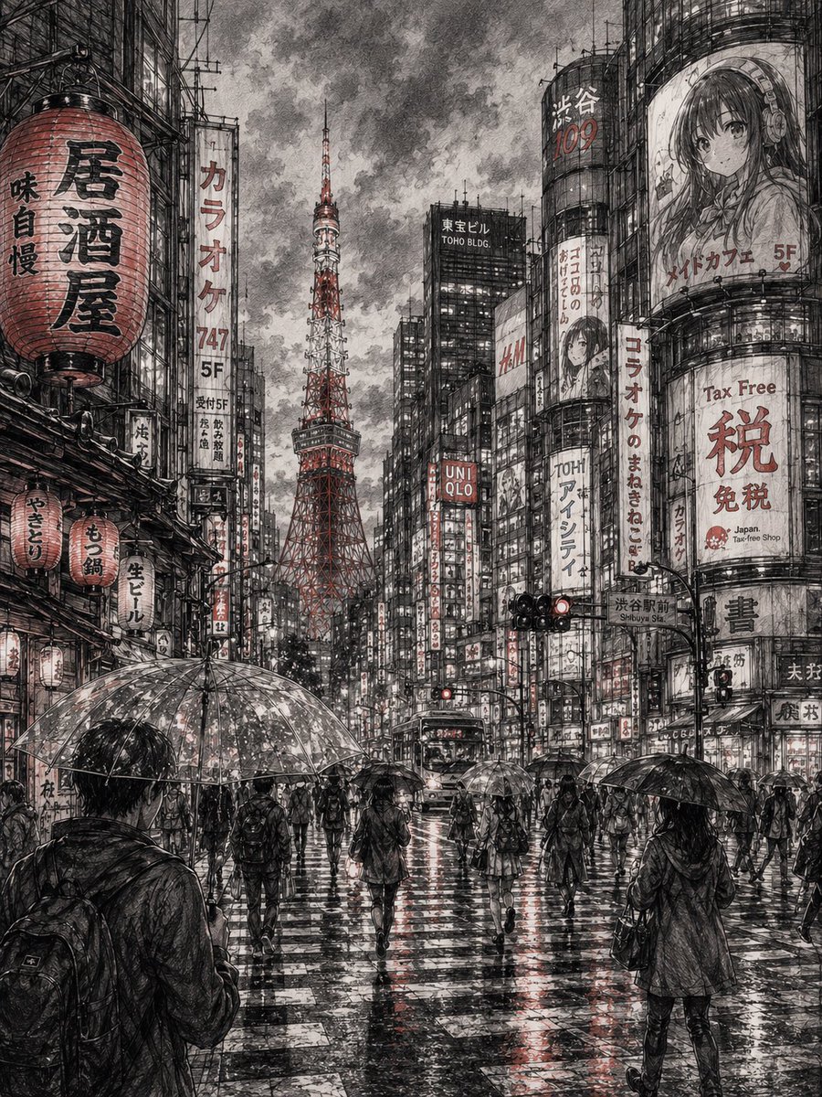 Dual City Pencil Sketches: Tokyo & Beijing