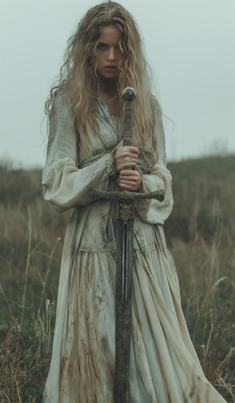 Pre-Raphaelite Bogatyr Warrior Standing With a Sword