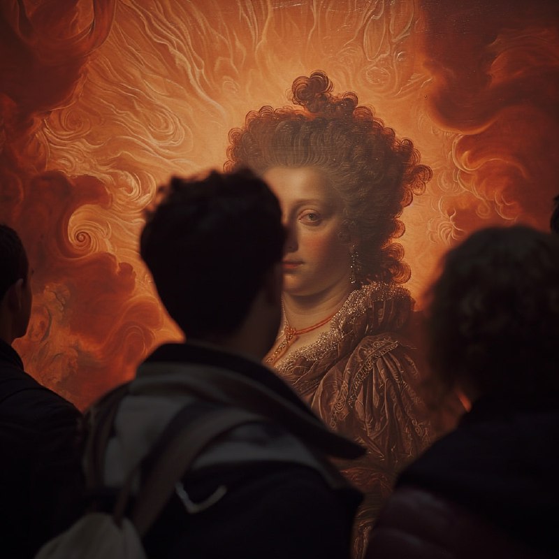 Museum Visitors Viewing Giant Baroque Portrait Close-Up
