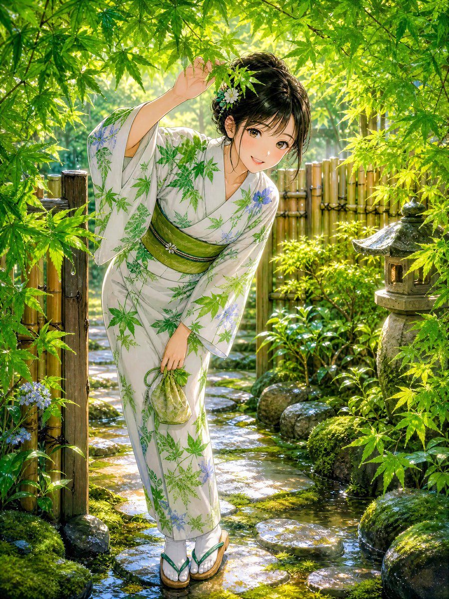 Anime Girl in Rainy Japanese Garden