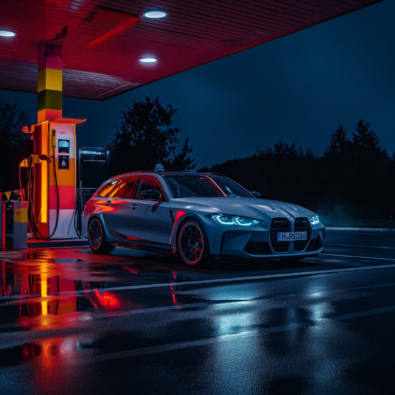 Gray BMW M3 Touring Parked at Polish Fuel Station at Night