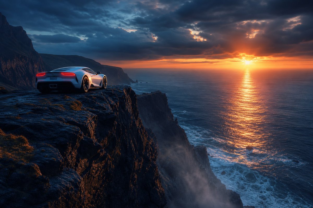 Sports Car Sunset Cliff Edge