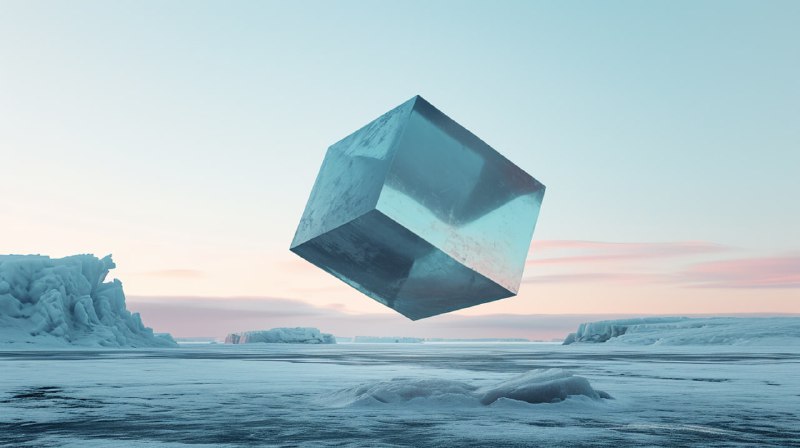 Floating Cube Dismantling Into Shapes in Arctic Landscape