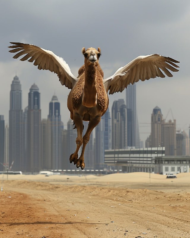 Winged Camel Flying Over the Dubai Skyline