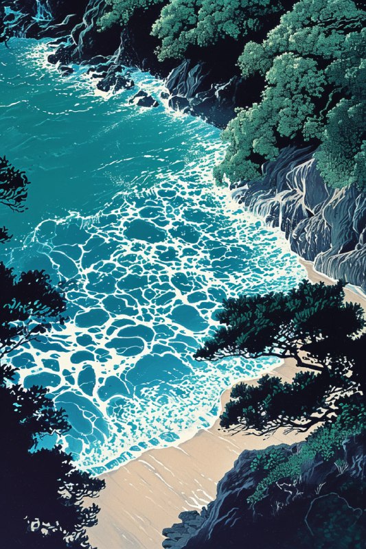 Shigeo Fukuda Style Japanese Beach Landscape With Foam