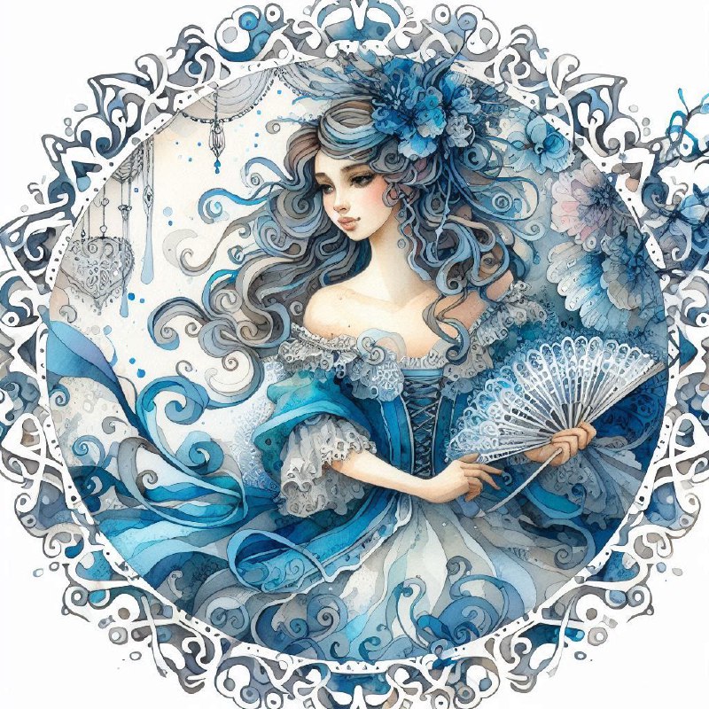 Whimsical Lady in Blue Within Round Filigree Frame