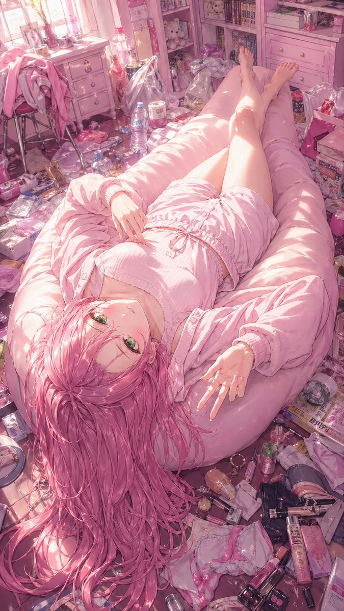 Pink-Haired Girl in Messy Pastel Room