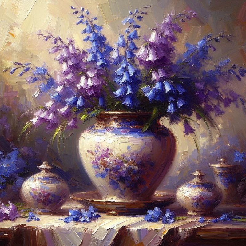 Bluebells in Porcelain Vase High Impasto Oil Painting
