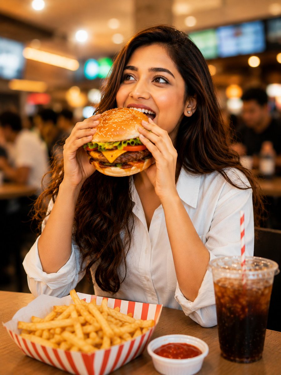 Cheerful Woman Enjoying Big Burger