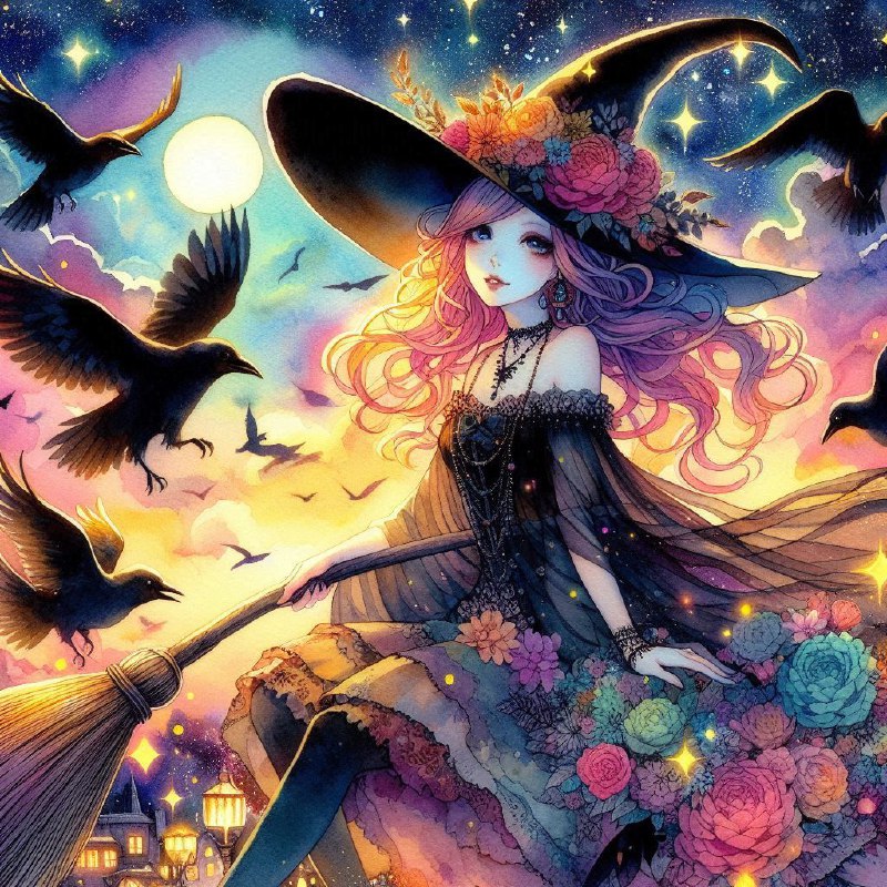 Pop Surrealism Watercolor Witch Flying Among Black Ravens