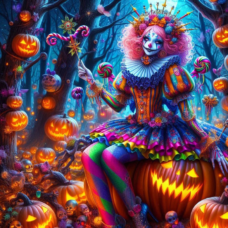Colorful Clown in Jack-o-Lantern Forest Magical Girl Art