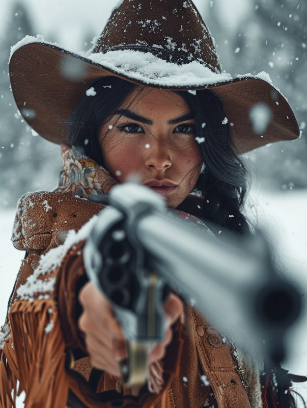 Snowy Frontier Native American Girl With Revolver Portrait