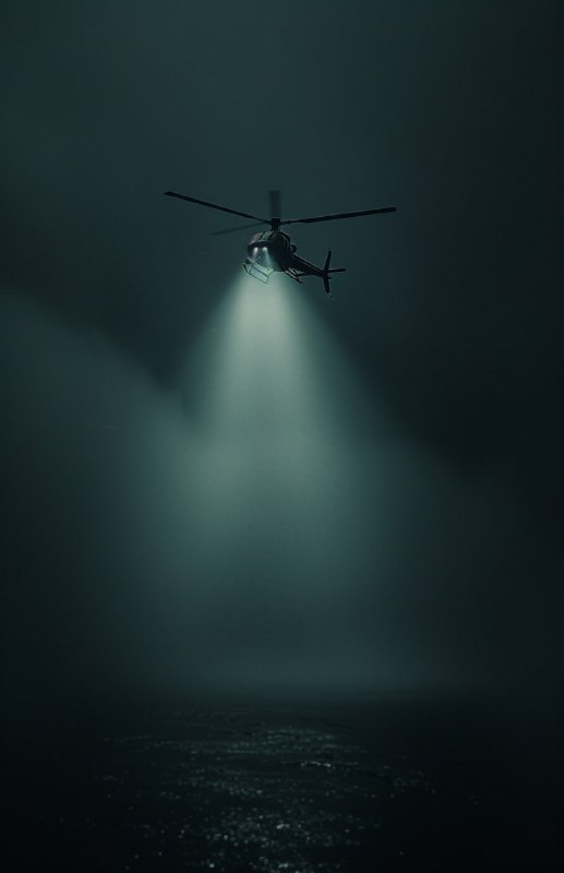 Helicopter Spotlight Over Brutalist Concrete at Night