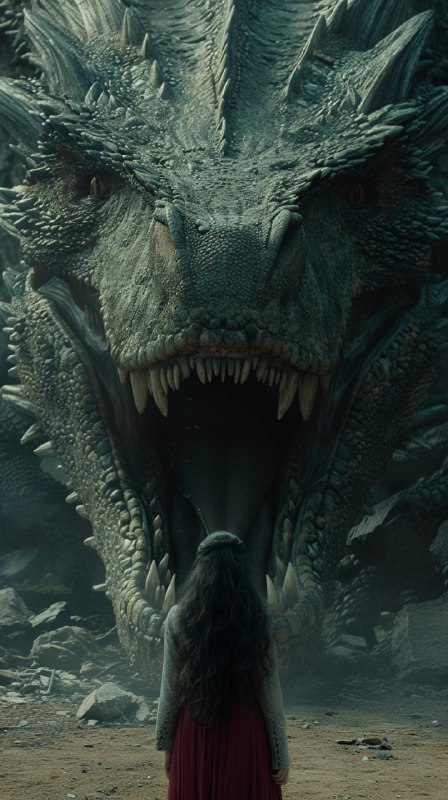 Tiny Long-Haired Woman Facing a Dragon's Open Jaws
