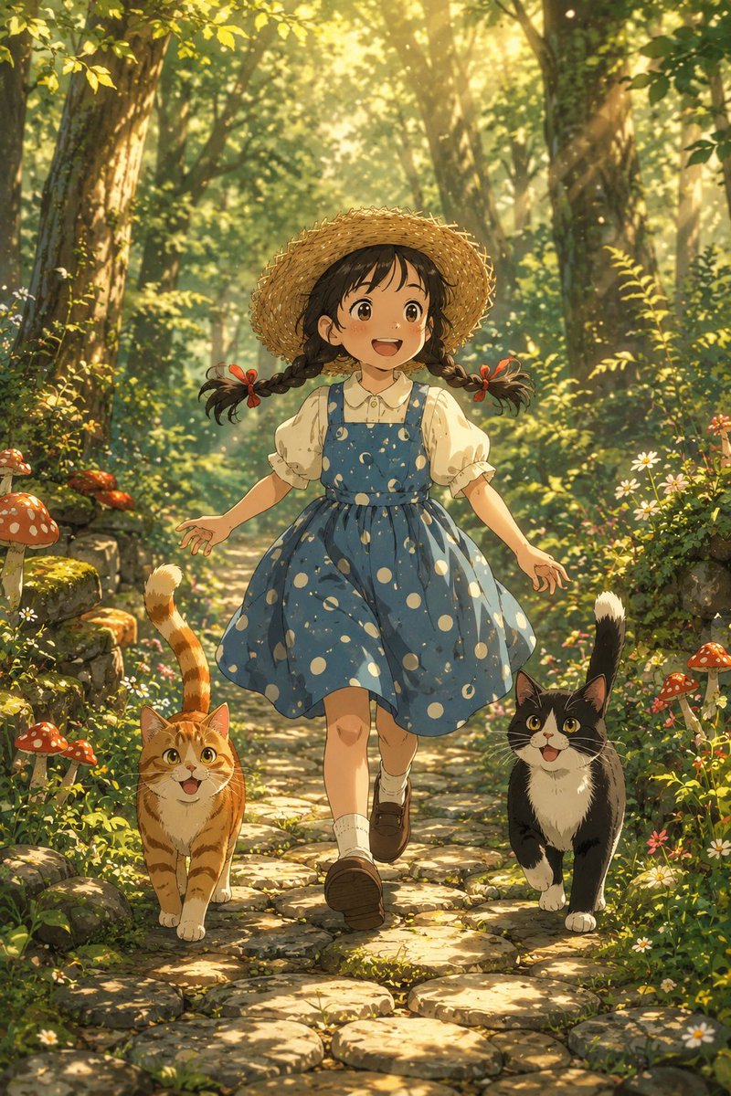 Girl and Cats in Enchanted Forest