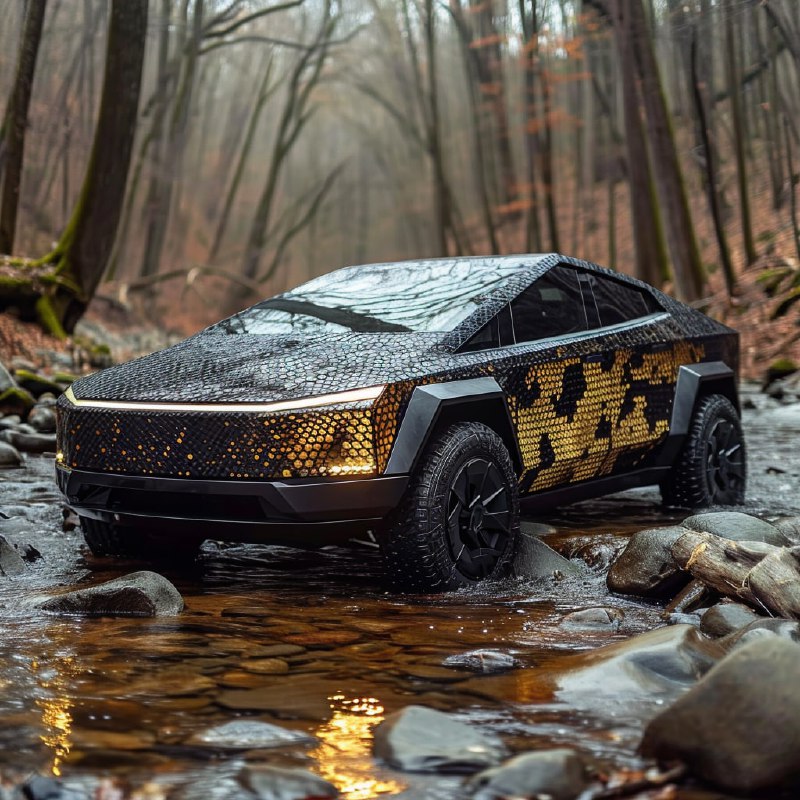 Snake Skin Tesla Cybertruck Emerging From a River