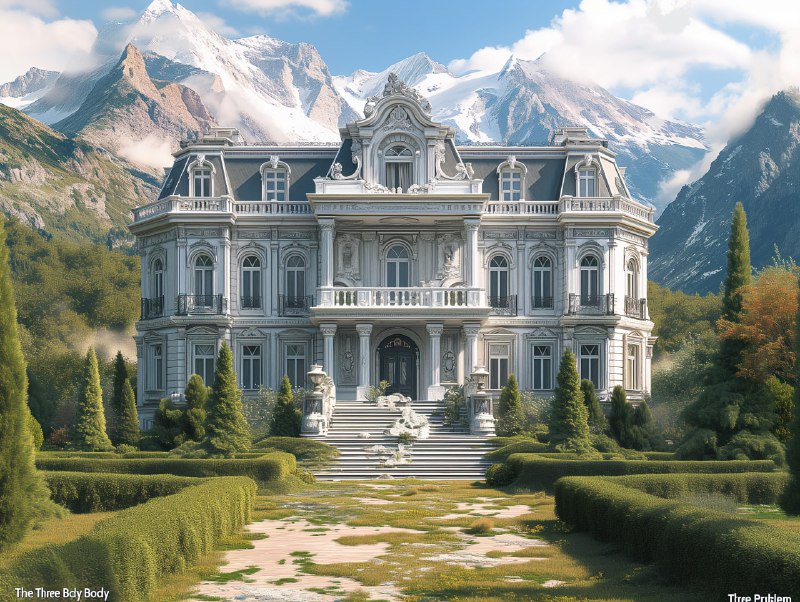 Classical European Manor Estate Beneath Snowy Mountains
