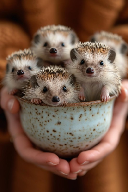 Smiling Baby Hedgehogs in White Bowl Held by Hands