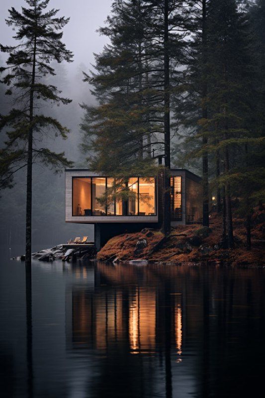 Moody Lakeside Cabin Exterior From a High Angle