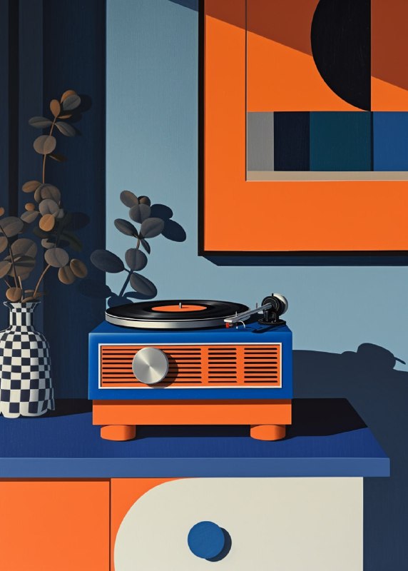 Blue and Orange Vintage Radio and Turntable Painting