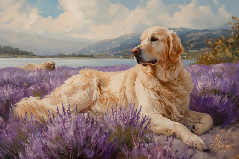Vintage Golden Retriever in Lavender Field Oil Painting