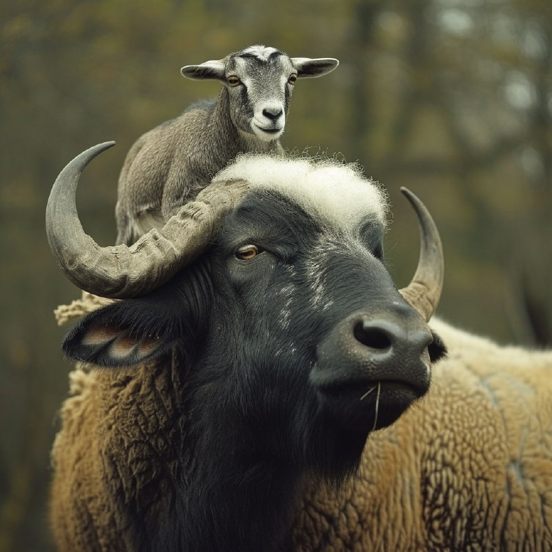 Goat Standing on Top of a Buffalo Portrait