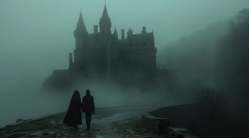 Two Figures by a Misty Castle in Dark Academia Horror Style