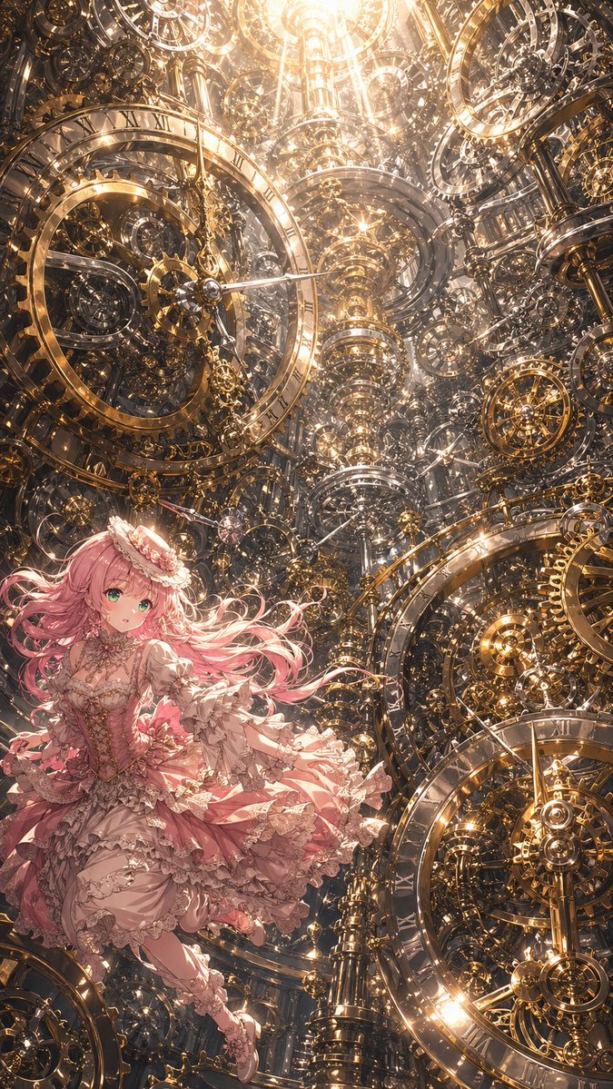 Steampunk Clock Tower with Floating Pink-Haired Girl
