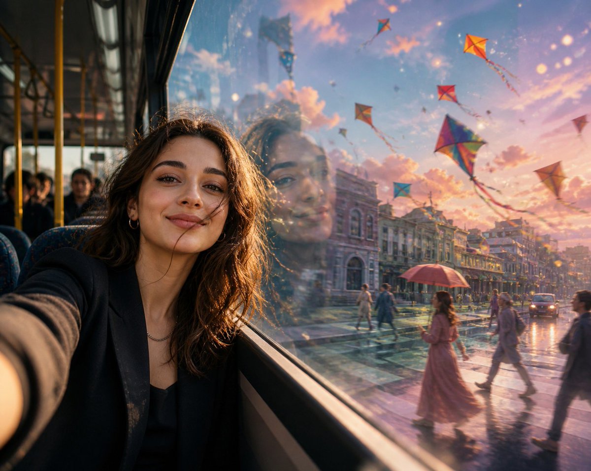 Dreamy Bus Window Selfie at Sunset