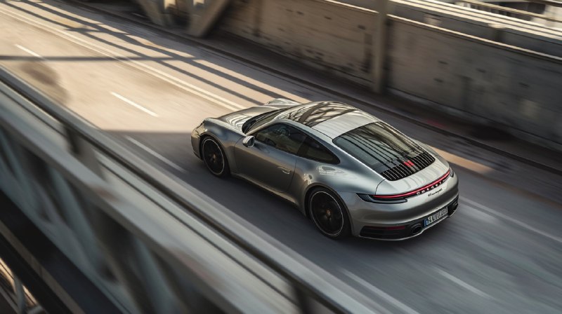Silver Porsche 992 Driving Through Urban Tunnel From Above