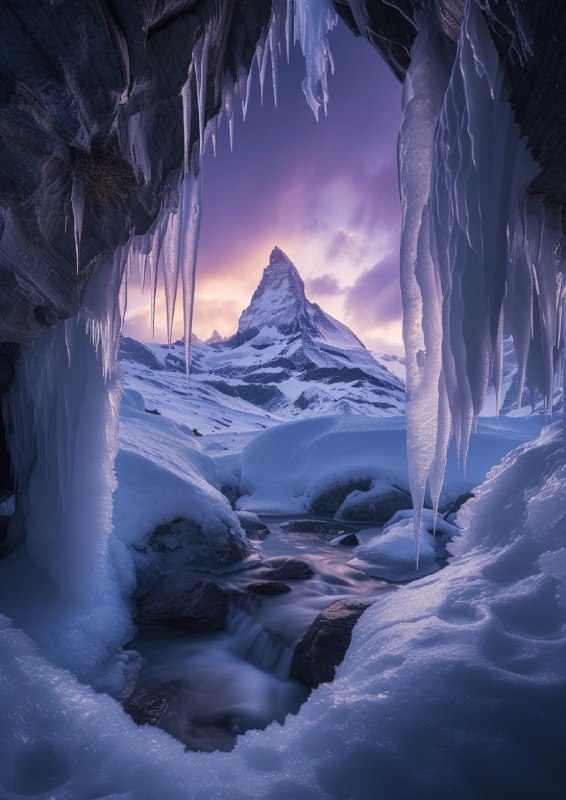 Illuminated Ice Cave Sunrise Leading to the Matterhorn