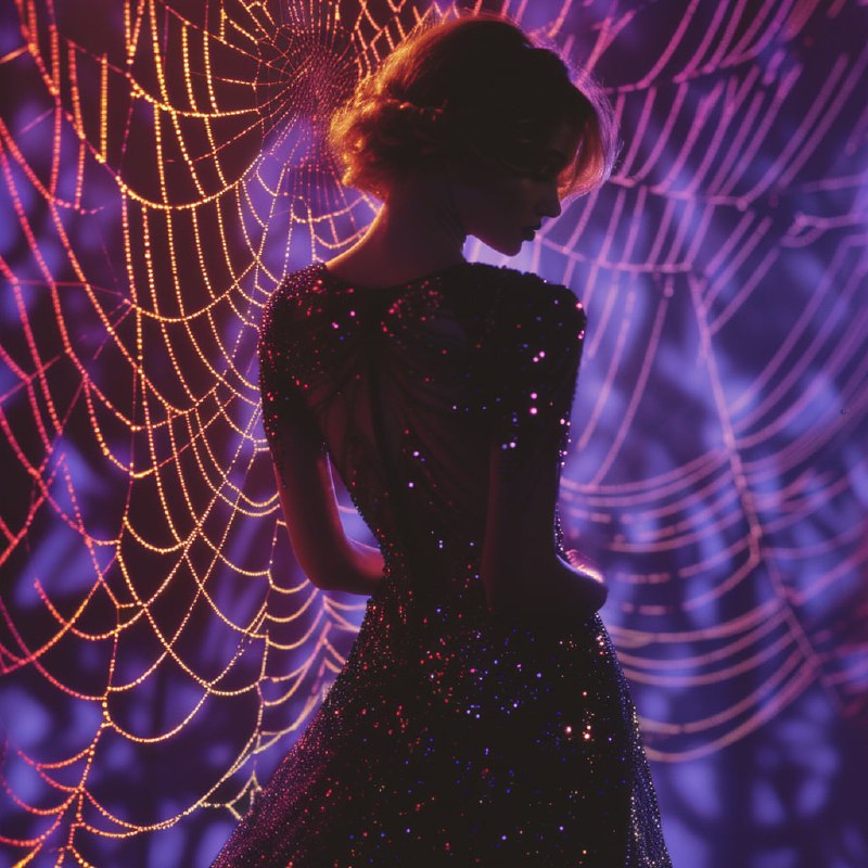Sparkling Black Dress Woman Against Glowing Spider Web