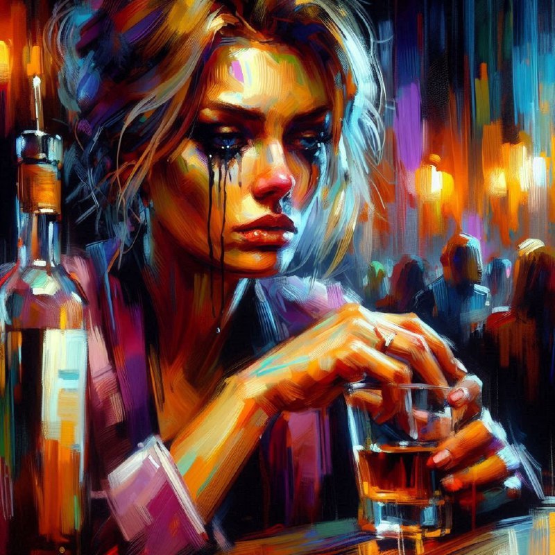 Expressive Painting of Tearful Woman in a Dimly Lit Bar