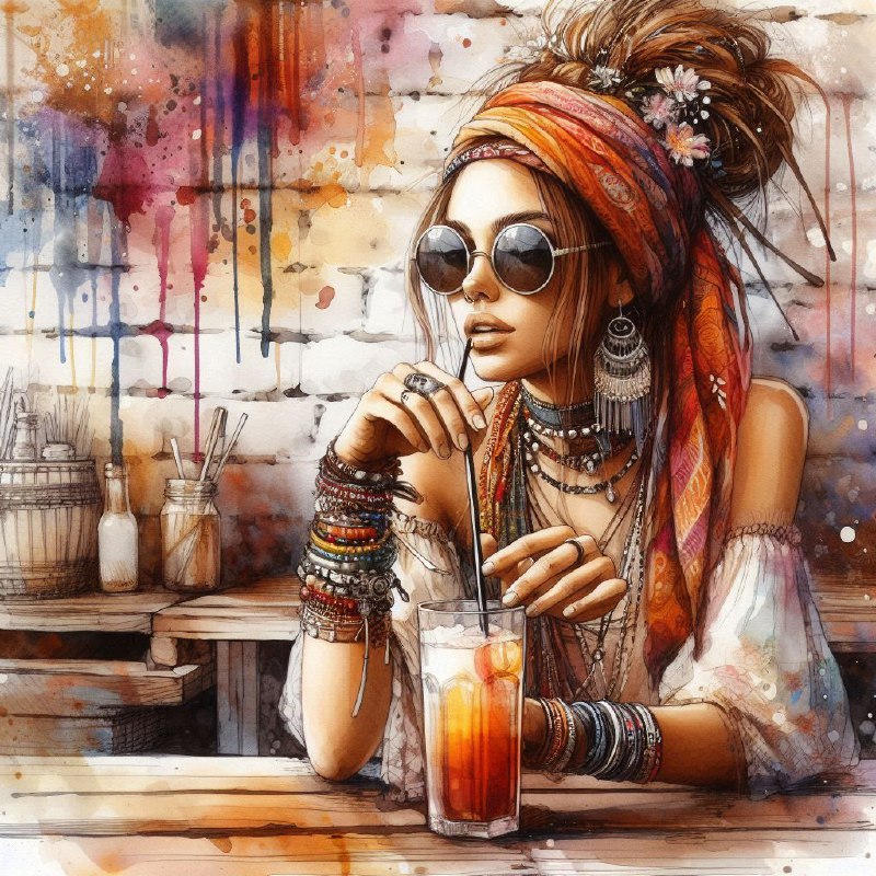 Mixed Media Hippie Woman With Sunglasses at Wooden Table