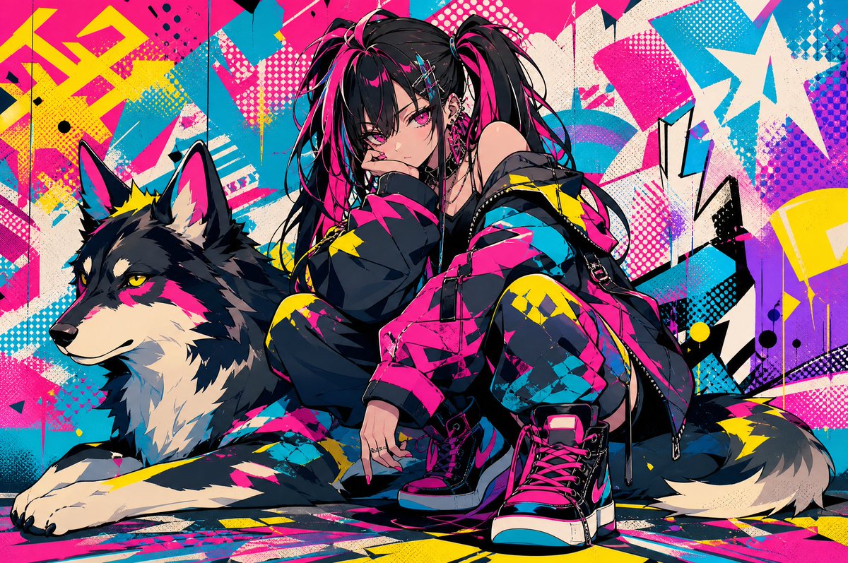 Cyberpunk Girl & Wolf Dog