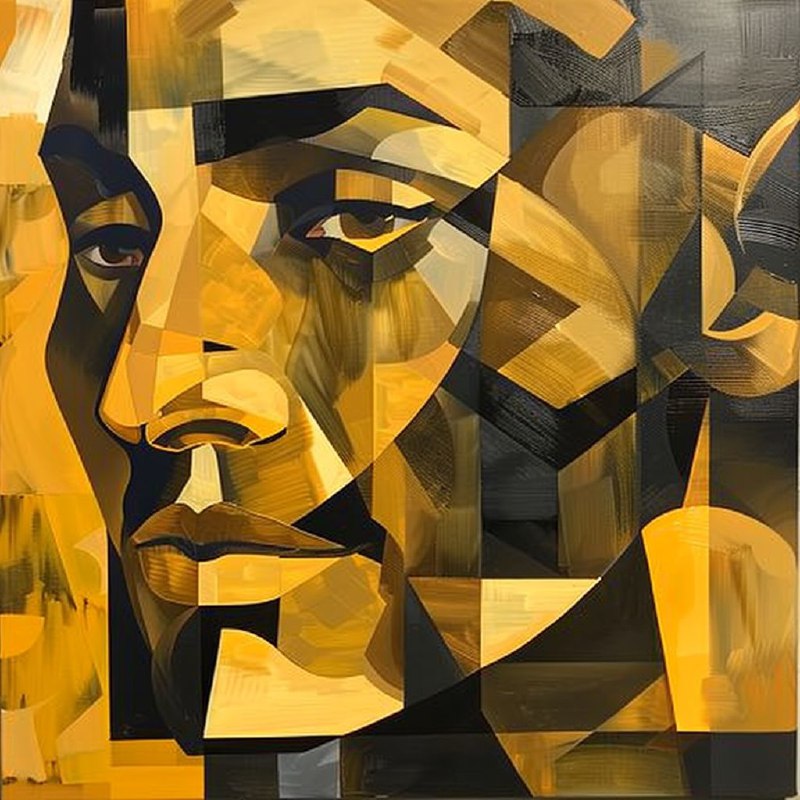 Monochrome Yellow Cubist Oil Painting of Polish Folklore