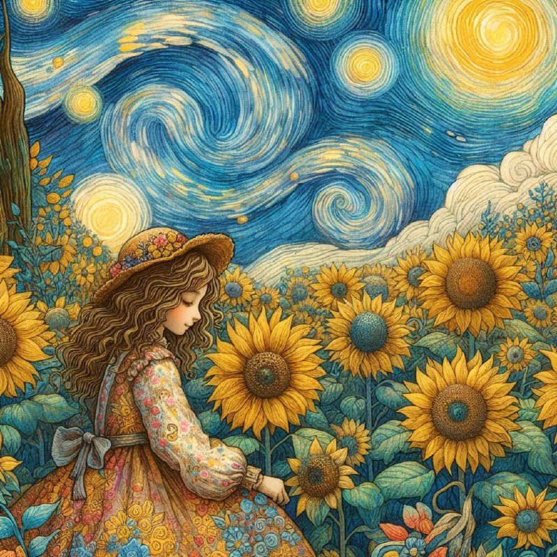 Girl in Sunflower Forest Van Gogh Starry Night Poster