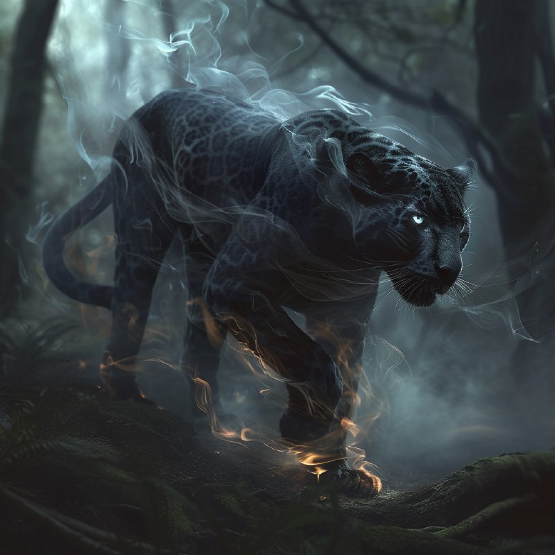 Smoke-Bodied Panther With Ember Eyes Stalking the Forest