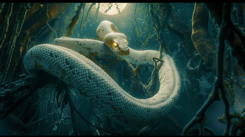 Giant White Snake Coiled in Moonlit Ancient Forest
